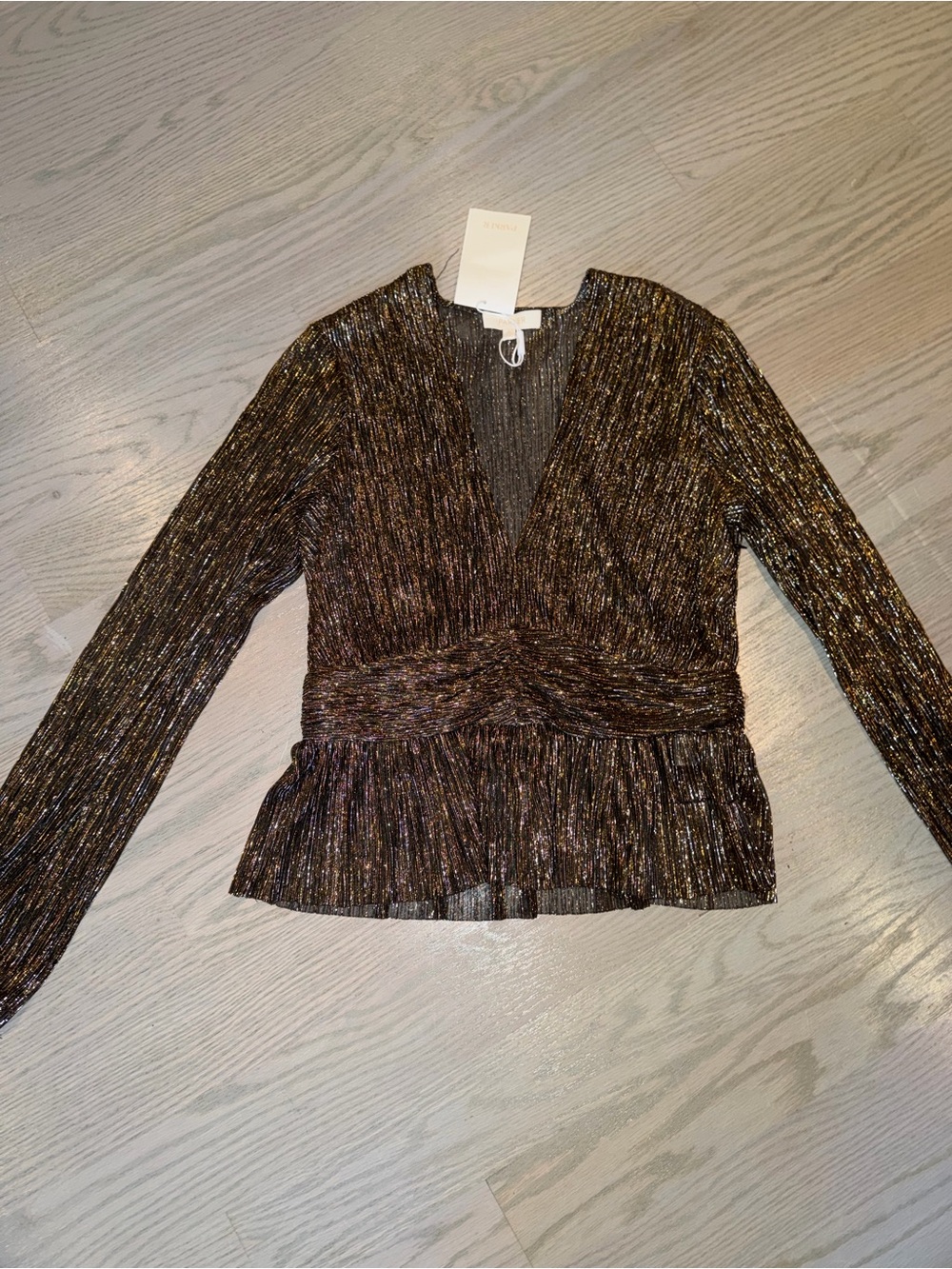Parker Metallic Bronze V-Neck Long-Sleeve Peplum Top, Sz S